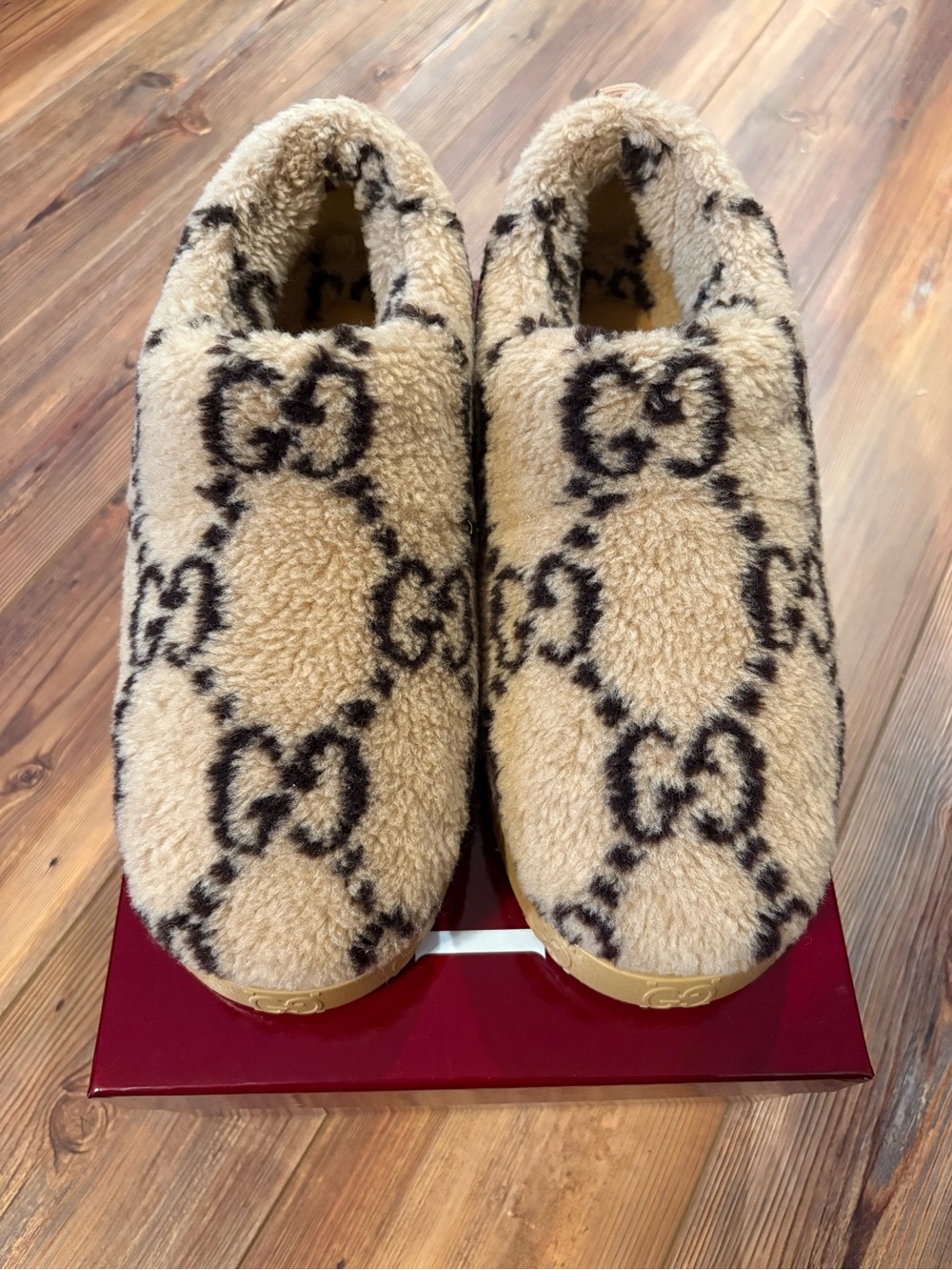 Gucci Beige and Brown GG Shearling Slip-On Loafers
